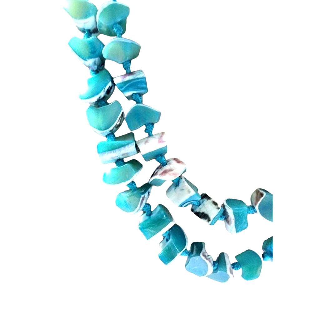 Les Bernard Shell Beaded Necklace Turquoise Blue White Boho Artisan MOP 32" - Picture 5 of 9